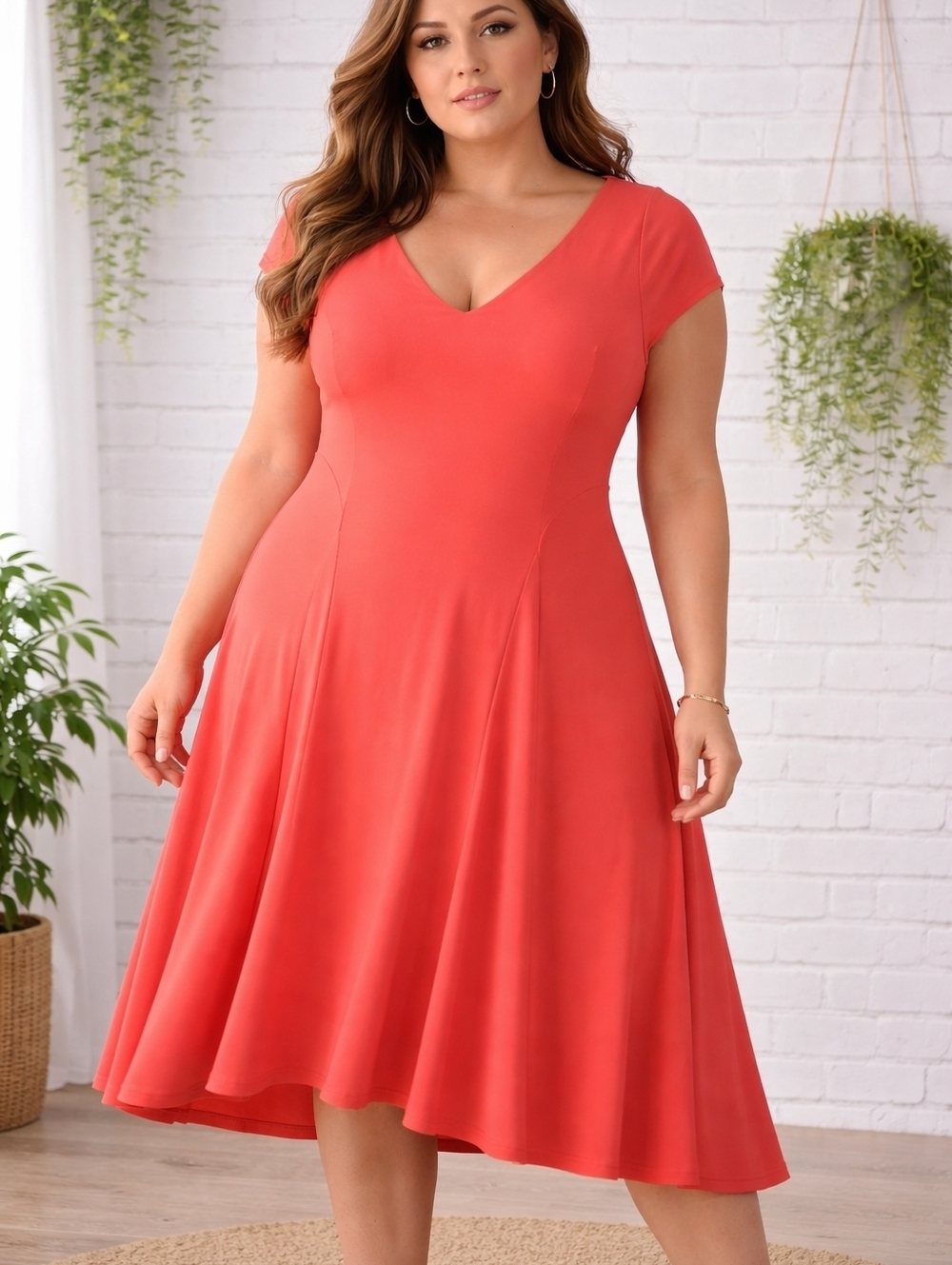 LAUREN RALPH LAUREN CORAL VNECK FIT AND FLARE DRESS FITTED BODICE CAP SLEEVE PM